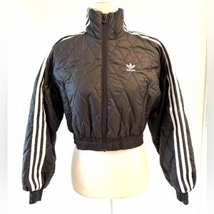 NWOT Adidas Women's Black Puffer Quilted Jacket with White Stripes